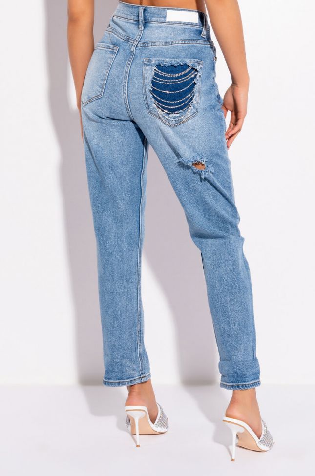 Front View Paradise Mom Jeans With Rhinestone Back Pocket