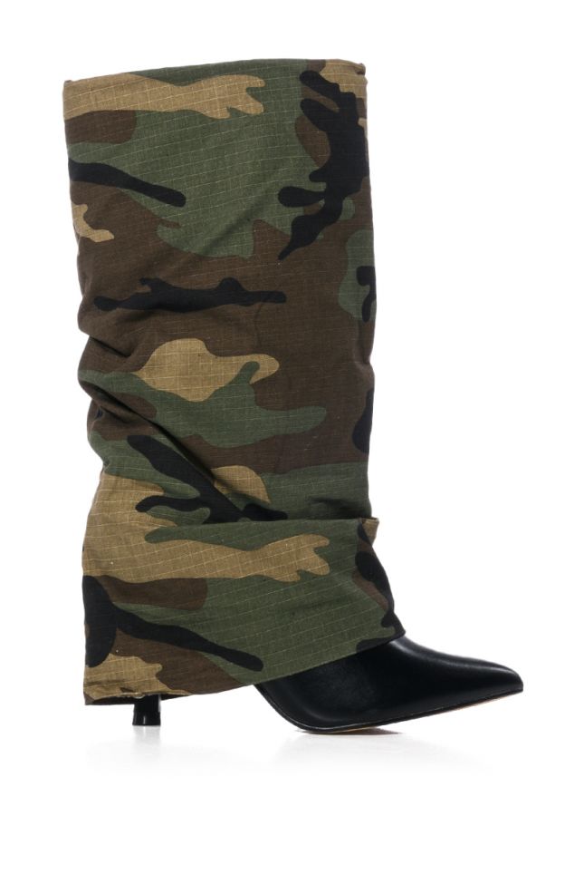 Side View Parallel Camo Fold Over Stiletto Boot