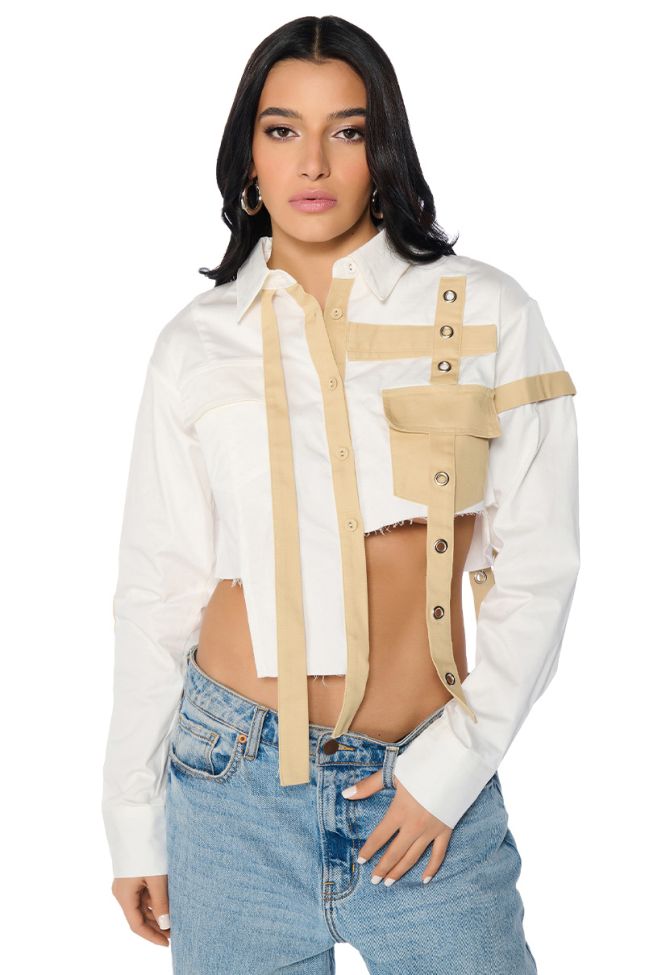Front View Park Strap Detail Button Down Blouse In White Multi