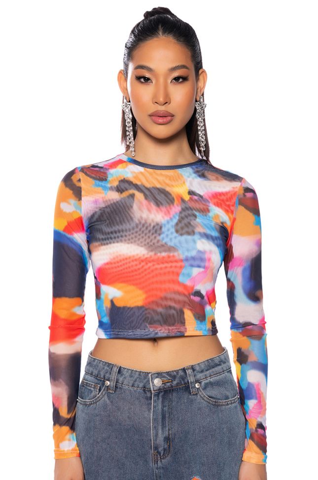 PARKER ABSTRACT LONG SLEEVE MESH PRINT TOP