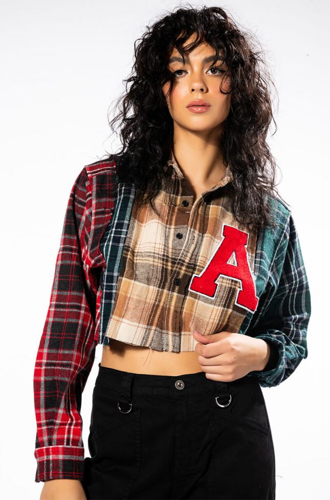 Front View Patchwork Girl Cropped Plaid Top