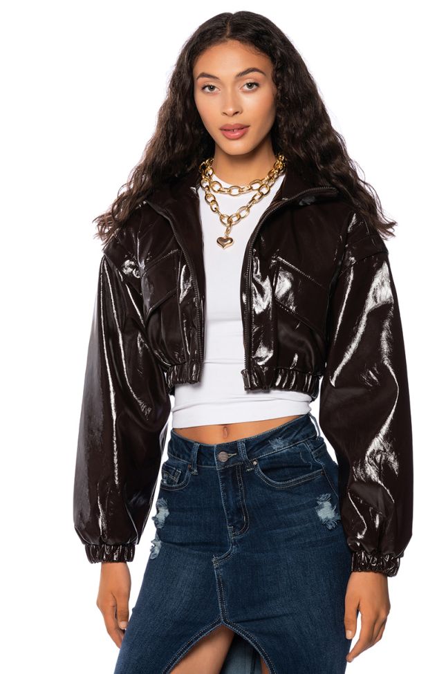 Front View Patent Brown Crop Bomber Jacket