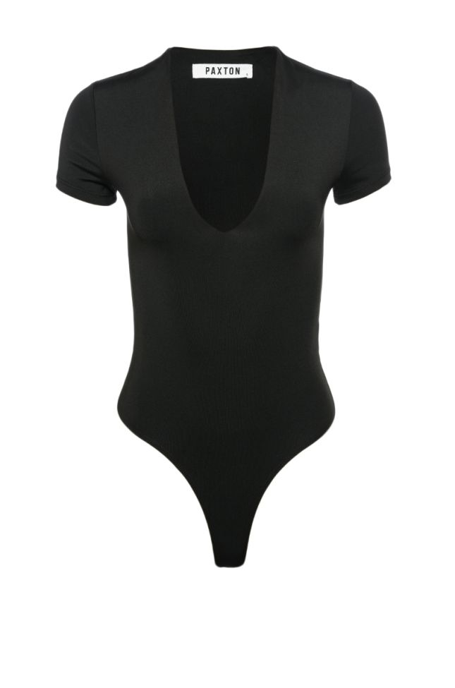 Front View Paxton Brooke Deep V Short Sleeve Bodysuit In Black