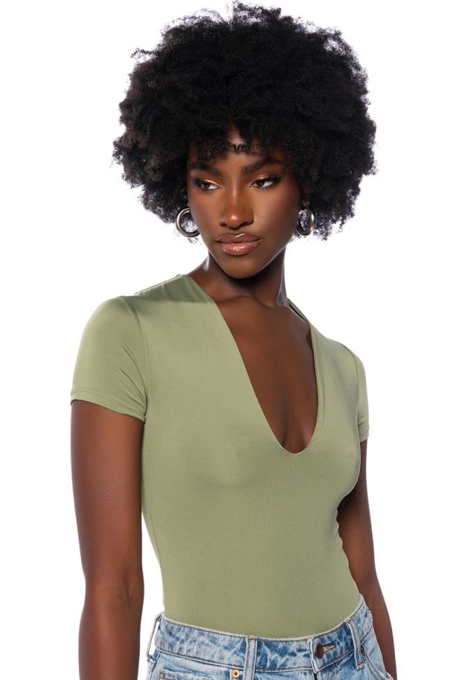 Front View Paxton Deep V Short Sleeve Bodysuit In Olive