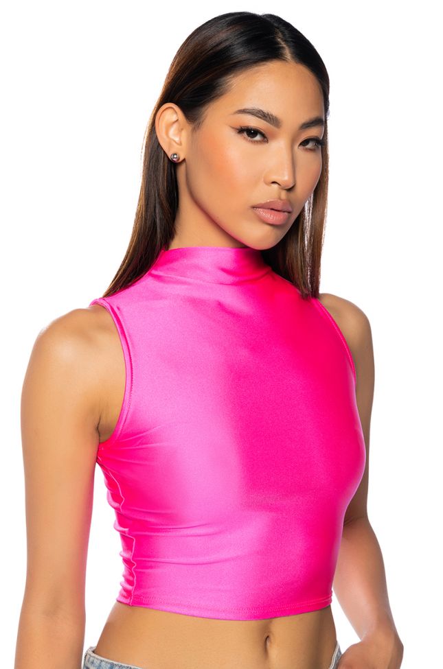 Front View Paxton Disco Crop Sleeveless Tee In Neon Pink