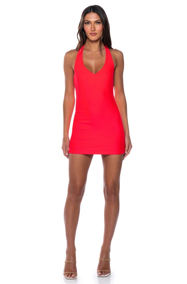 Side View Paxton Disco Halter Neck Bodycon Mini Dress In Red