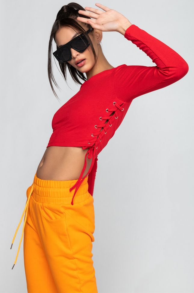 Back View Paxton Long Sleeve Lace Up Top in Red