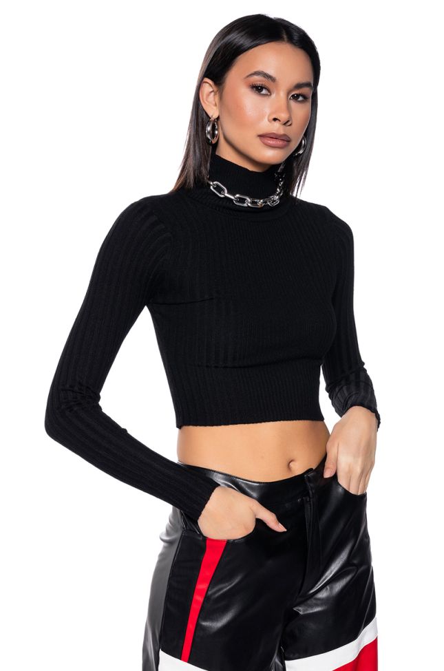Front View Paxton Long Sleeve Turtleneck Rib Crop Sweater