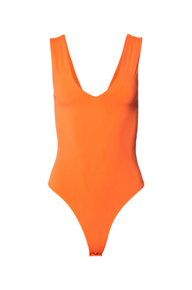 Front View Paxton Lucia Sleek Af Deep V Bodysuit In Orange