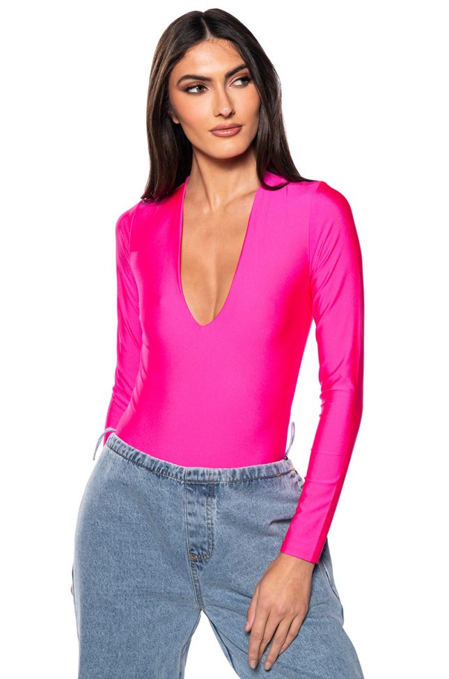 Front View Paxton New Classic Long Sleeve Deep V Bodysuit In Pink