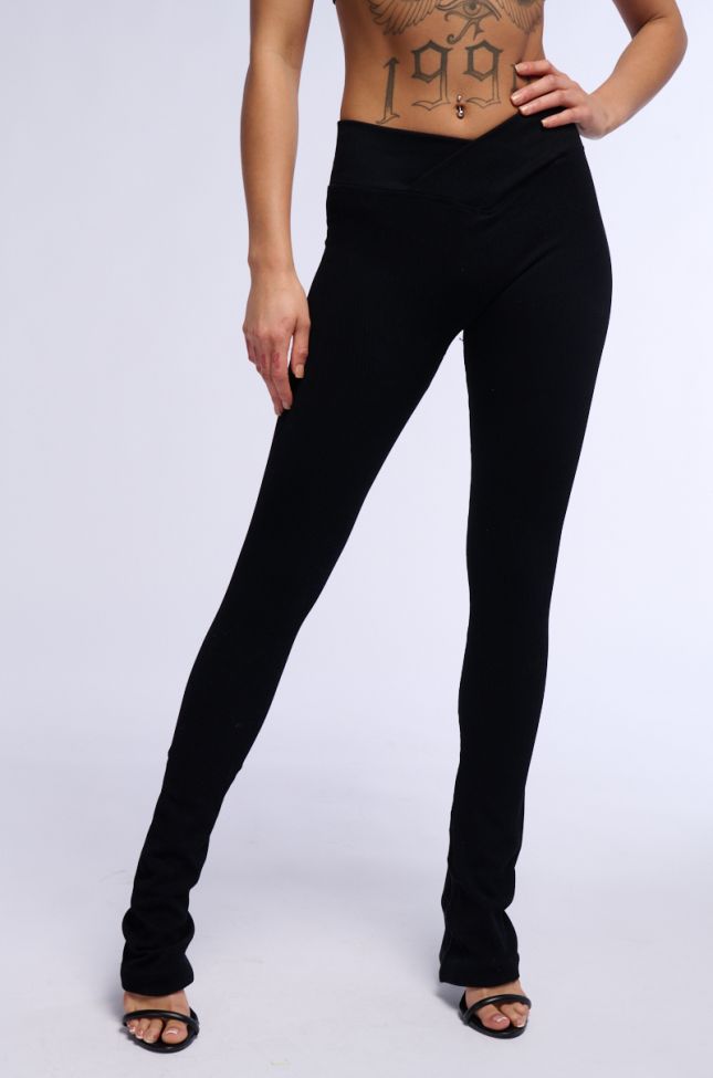 Front View Paxton Ribbed Cross Front Flared Legging In Black
