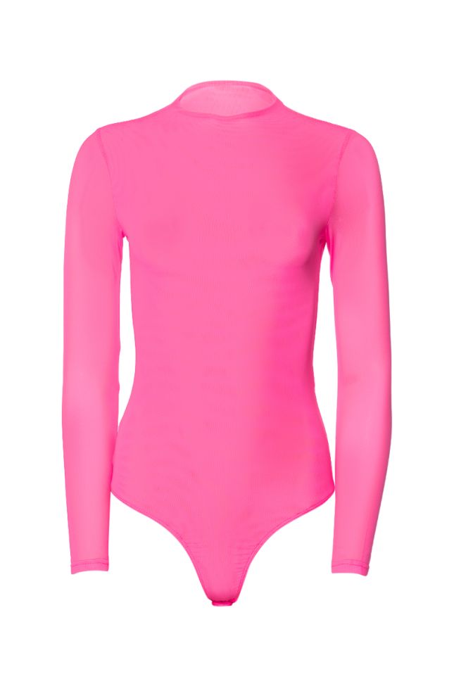Front View Paxton Sexy Double Layer Mesh Long Sleeve Bodysuit In Pink