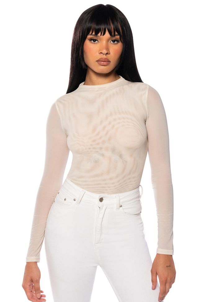 Front View Paxton Sexy Double Mesh Long Sleeve Bodysuit In Ivory
