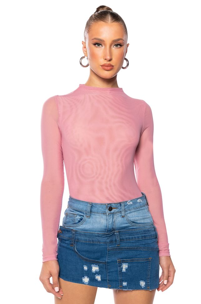 Front View Paxton Sexy Double Mesh Long Sleeve Bodysuit In Light Pink