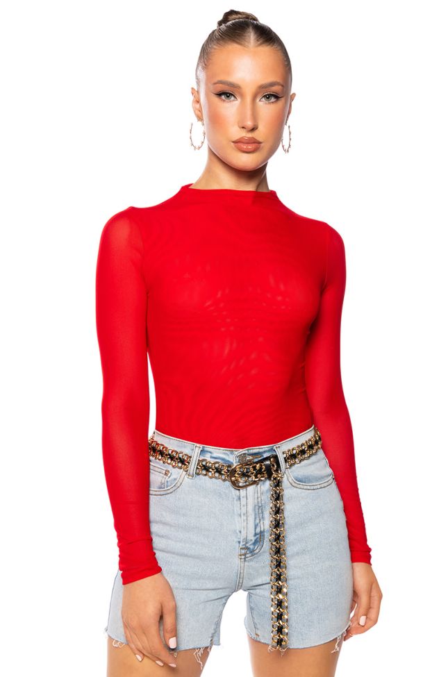 Front View Paxton Sexy Double Mesh Long Sleeve Bodysuit In Red