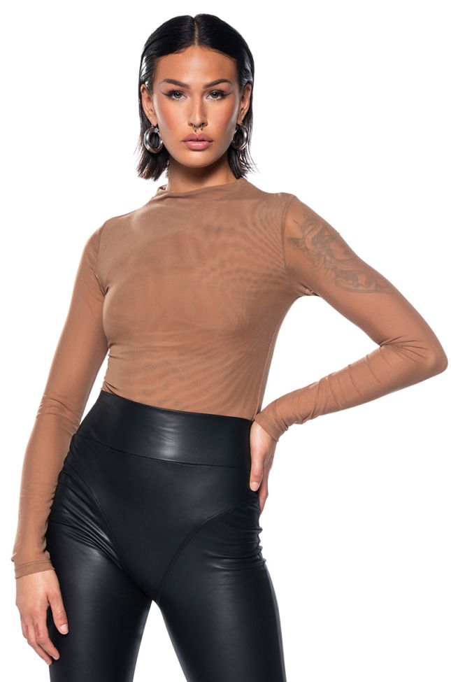 Front View Paxton Sexy Double Mesh Long Sleeve Bodysuit In Taupe