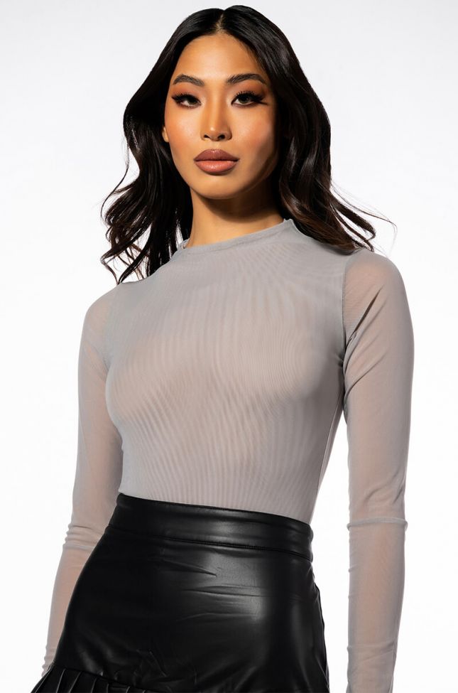 Front View Paxton Sexy Mesh Long Sleeve Funnel Neck Bodysuit In Grey