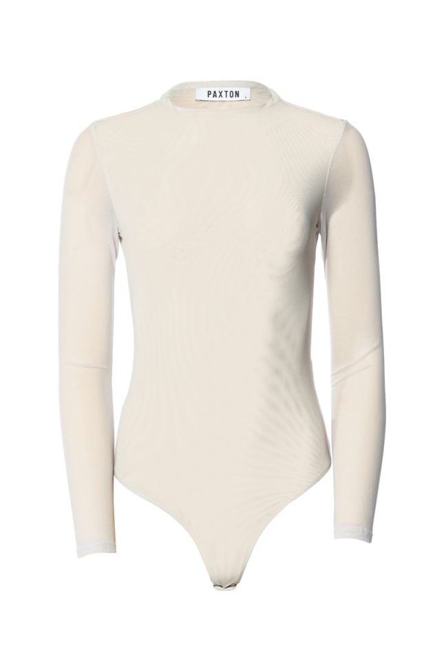 Front View Paxton Sexy Mesh Long Sleeve Funnel Neck Bodysuit In Light Grey