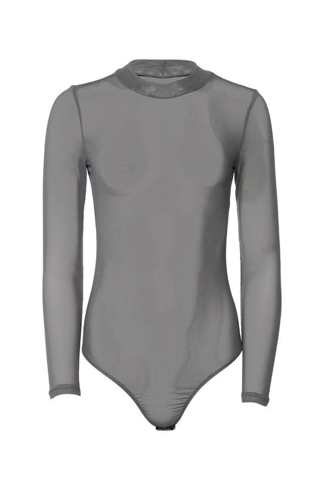 Front View Paxton Sexy Sheer Mesh Long Sleeve Bodysuit In Grey