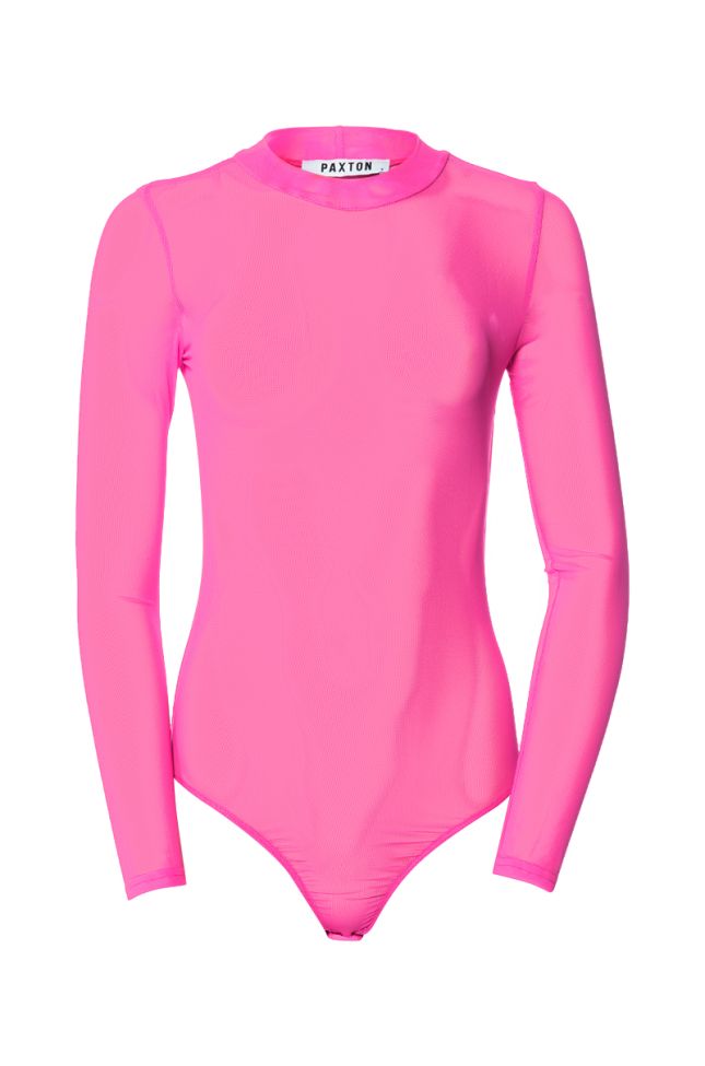 Front View Paxton Sexy Single Mesh Long Sleeve Bodysuit In Hot Pink