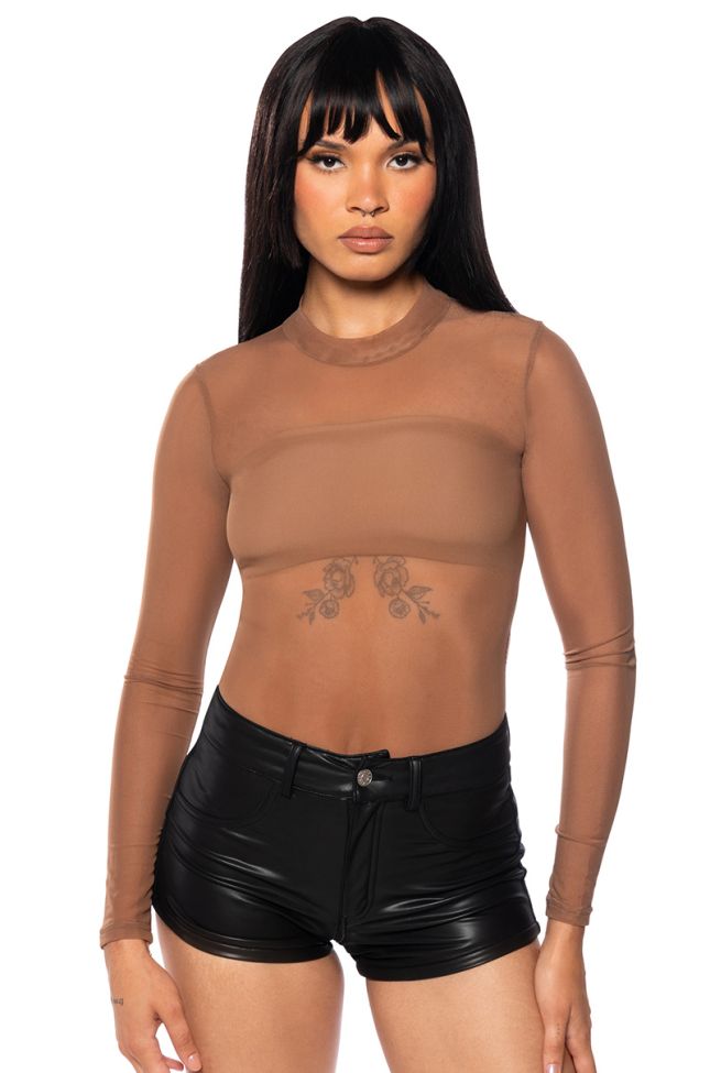 Side View Paxton Sexy Single Mesh Long Sleeve Bodysuit In Light Brown