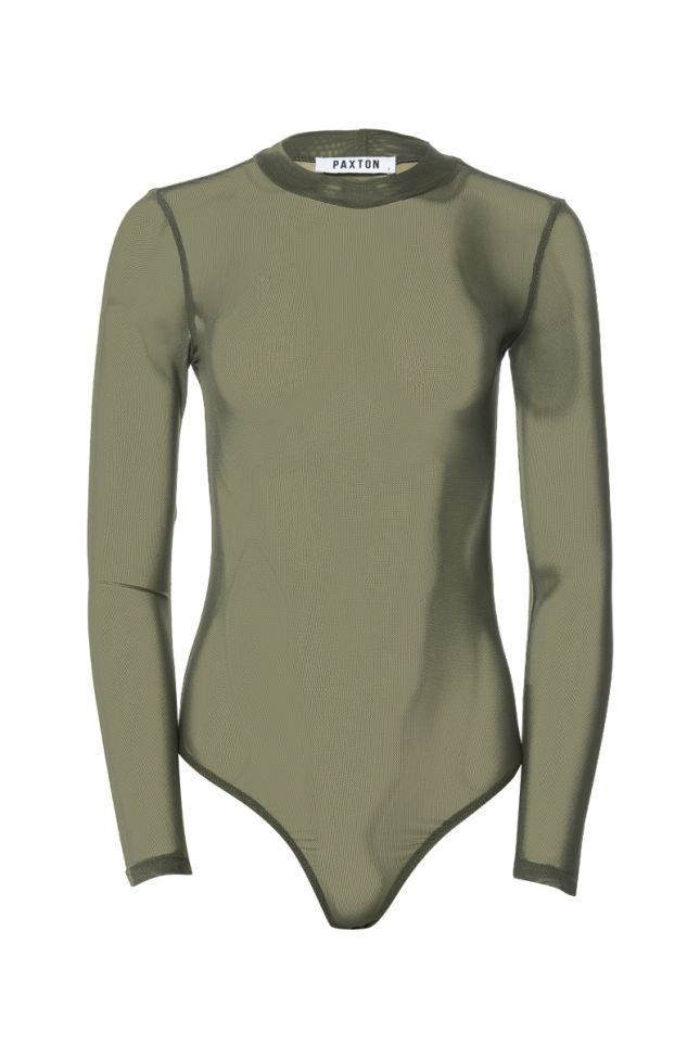 Front View Paxton Sexy Single Mesh Long Sleeve Bodysuit In Olive