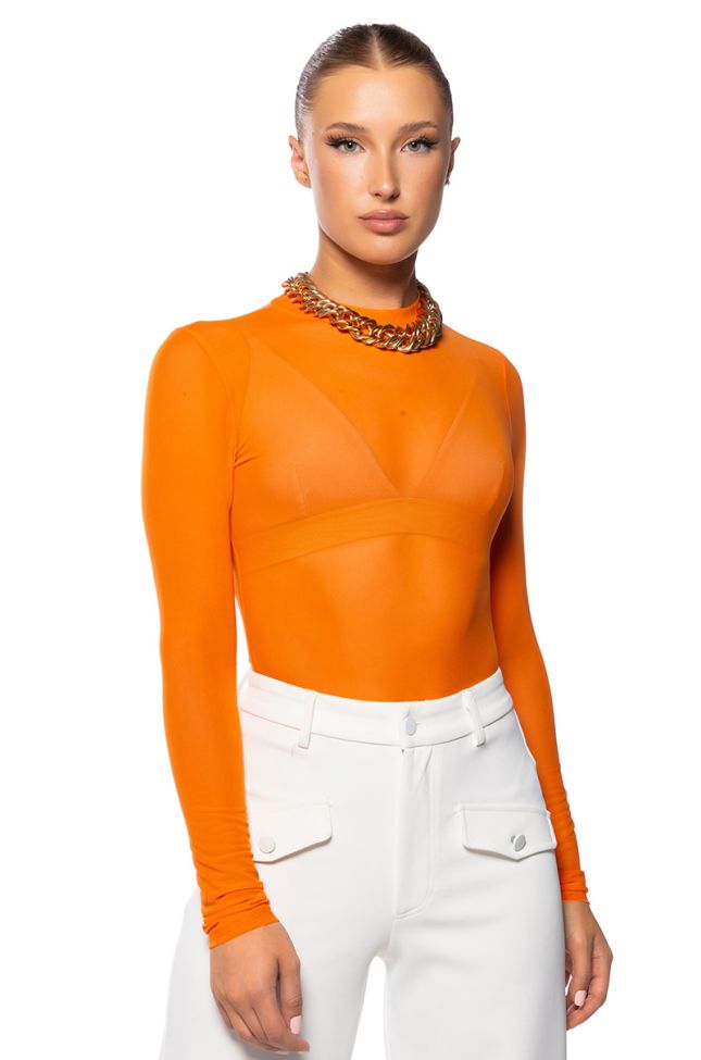 Front View Paxton Sexy Single Mesh Long Sleeve Bodysuit In Orange