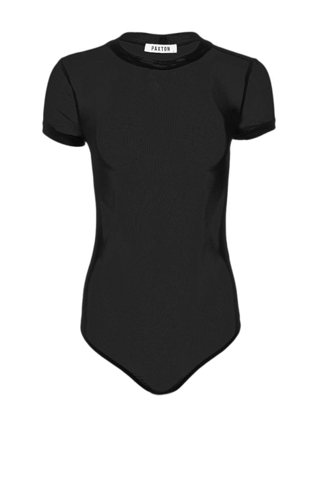 Front View Paxton Short Sleeve Mesh Bodysuit In Black