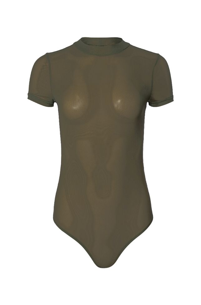 Front View Paxton Short Sleeve Mesh Bodysuit In Olive