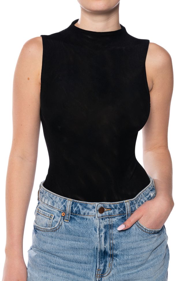 Side View Paxton Sleeveless Mesh Bodysuit In Black