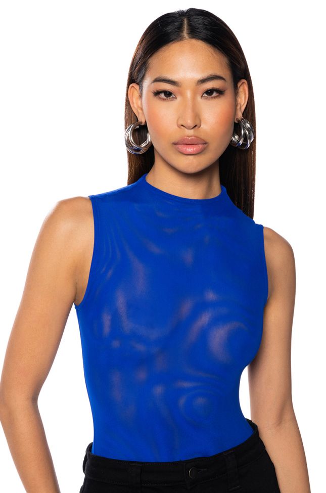 Front View Paxton Sleeveless Mesh Bodysuit In Royal Blue