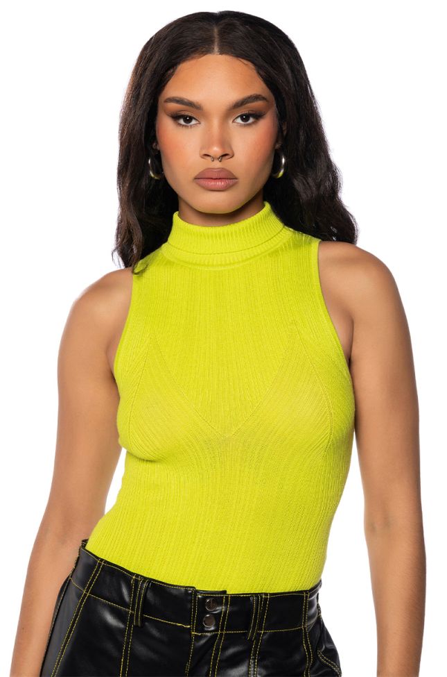 Front View Paxton Sleeveless Sexy Turtleneck Rib Bodysuit In Lime