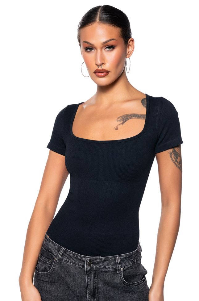 Front View Paxton Square Neck Seamless Short Sleeve Bodysuit In Black