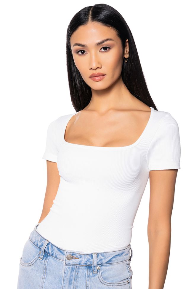 Front View Paxton Square Neck Seamless Short Sleeve Bodysuit In White