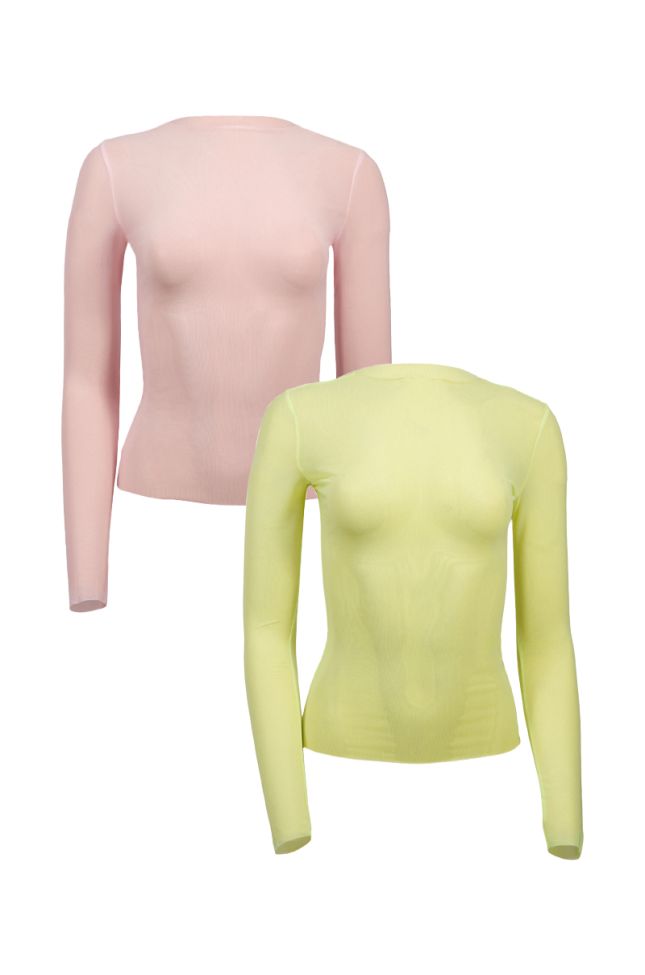 Extra View Paxton Two Pack Raw Hem Long Sleeve Mesh Tees In Pink And Yellow