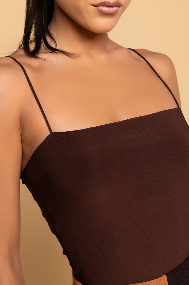 Detail View Pay Me Straight Neck Bodysuit in Brown