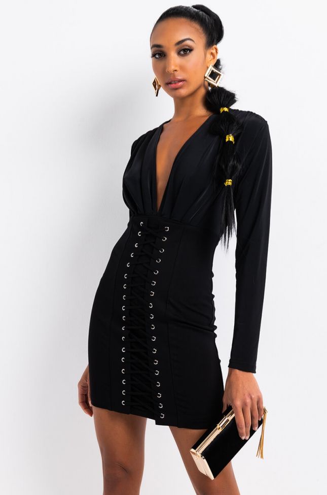 Front View Peace Of Mind Long Sleeve Lace Up Deep V Bandage Dress in Black