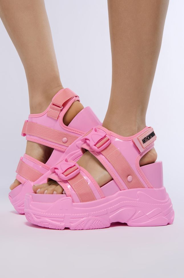 Front View Peach High Flatform Sneaker Sandal In Pink