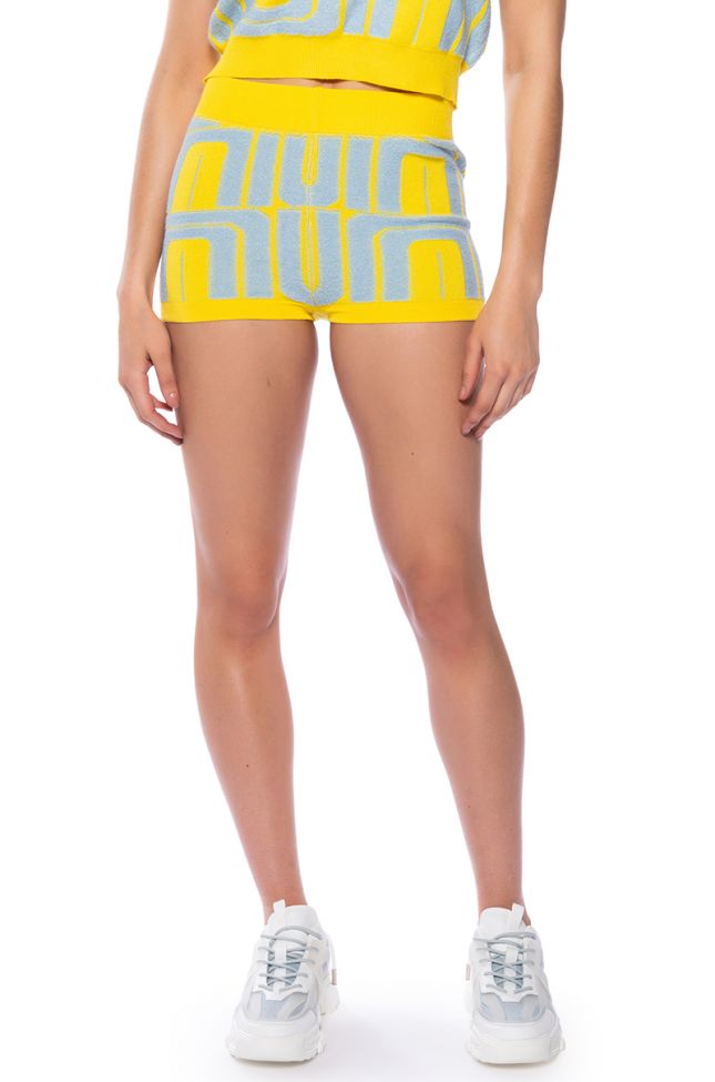 Front View Penelope Yellow High Waisted Shorts