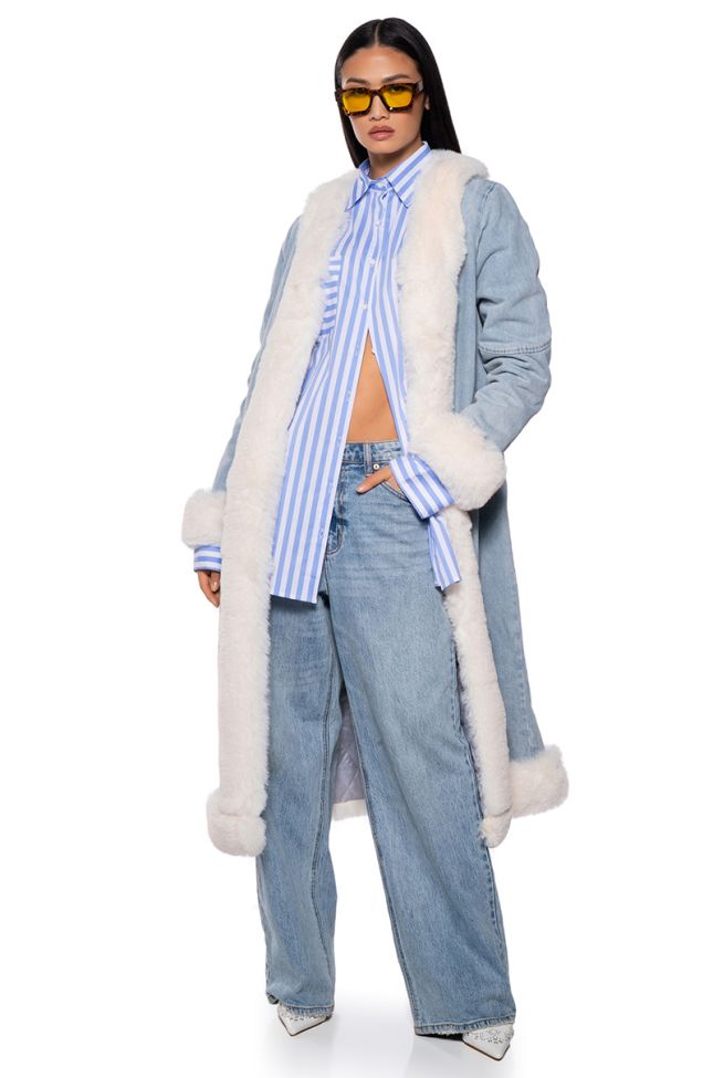 Front View Penny Lane Luxe Trench In Denim