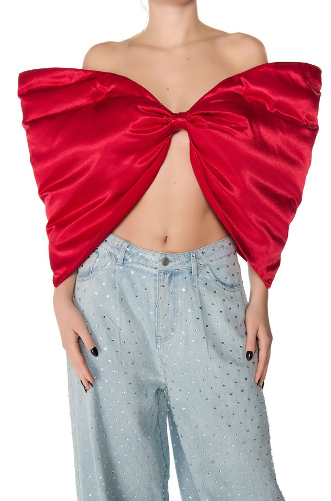 Front View Perfect Gift Dramatic Satin Bow Top In Red