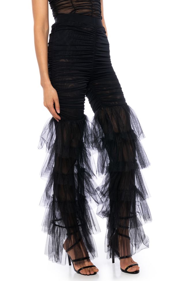 PERFECT PAIR CINCHED MESH FLARE LEG PANT IN BLACK