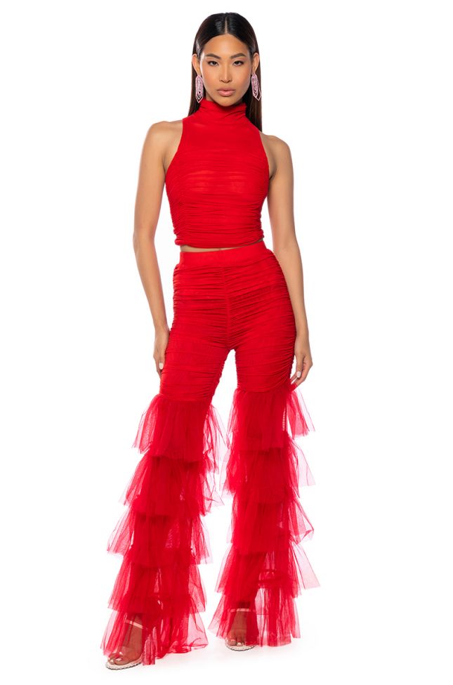 PERFECT PAIR CINCHED MESH FLARE LEG PANT IN RED