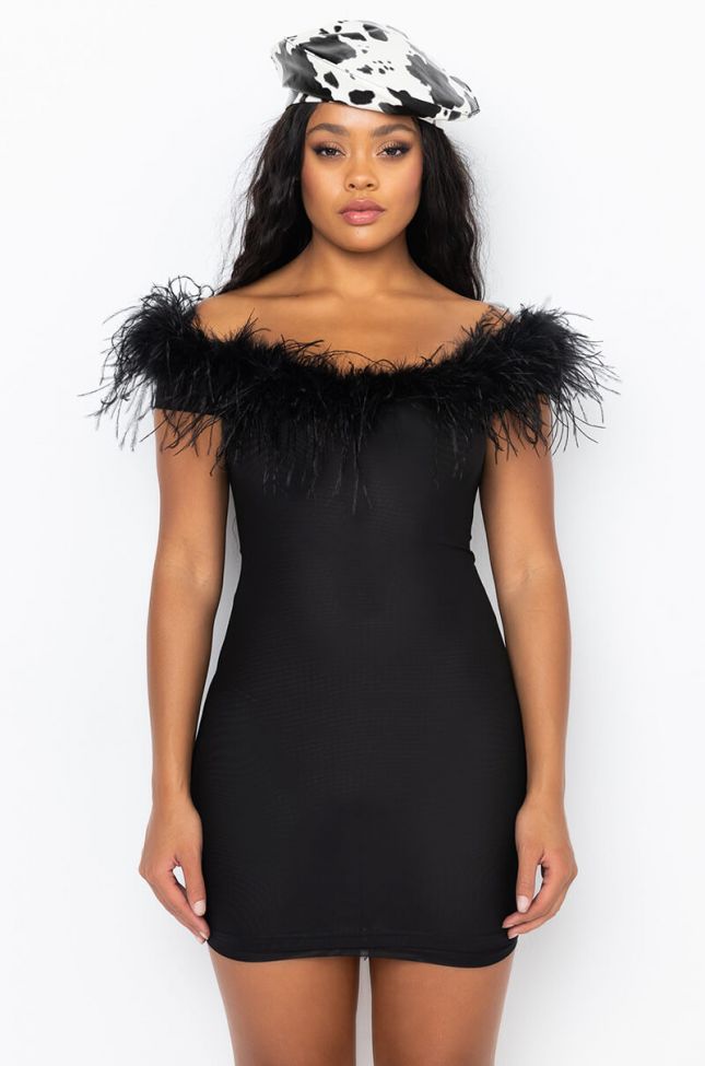 Back View Permanent Cold Shoulder Mesh Dress With Feather Detail