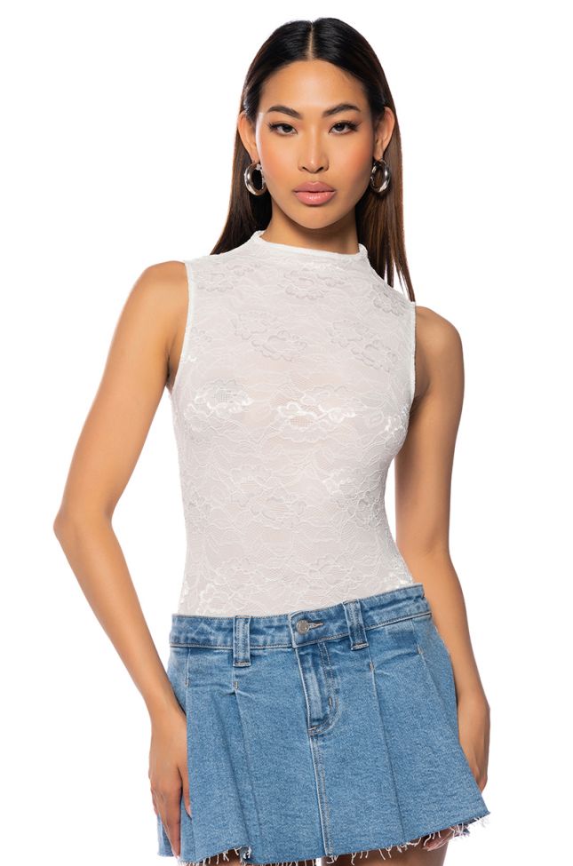 Front View Phoenix Stretch Lace Mock Neck Bodysuit In White