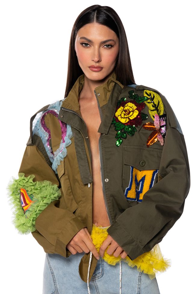 Front View Piccadilly Embellished Mix Media Jacket