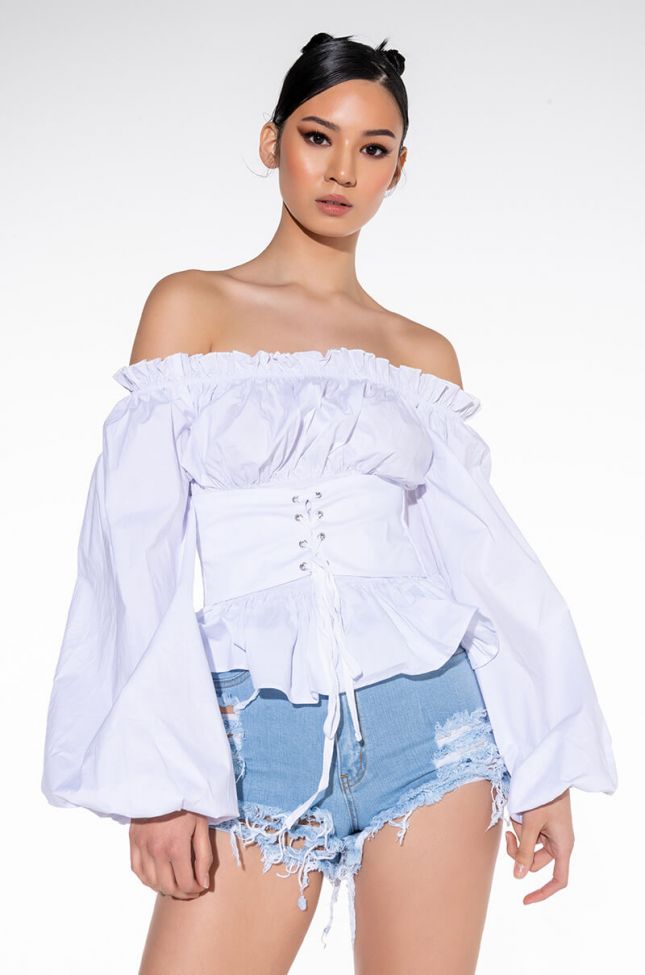 Front View Picnic Vibes Off Shoulder Lace Up Poplin Blouse