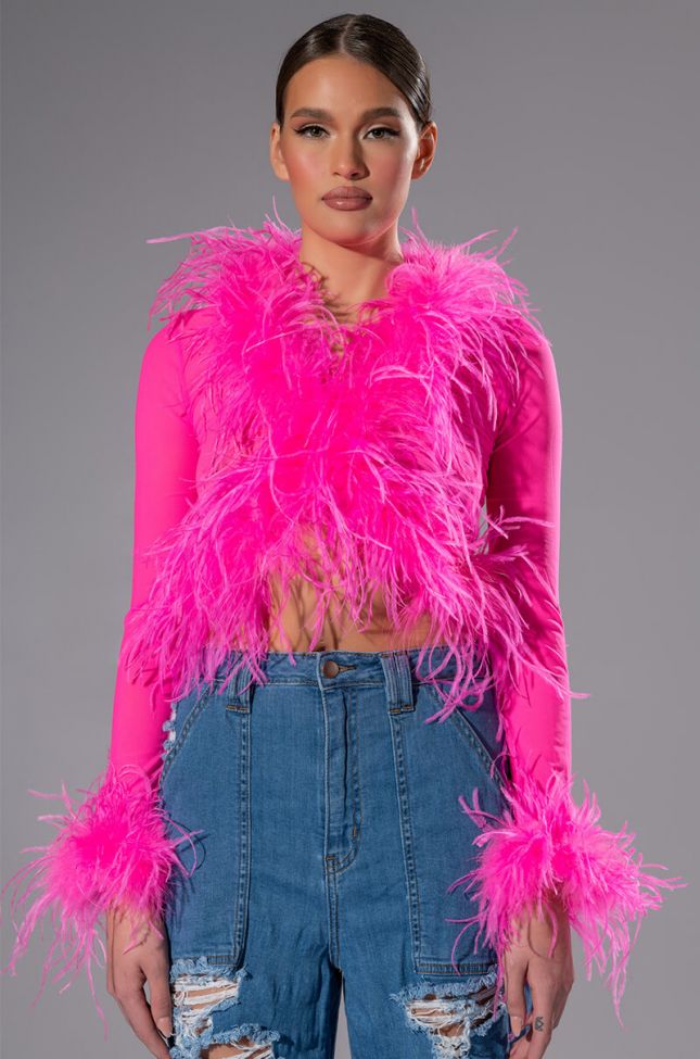 PINK ANGEL MESH FEATHER TRIM TOP
