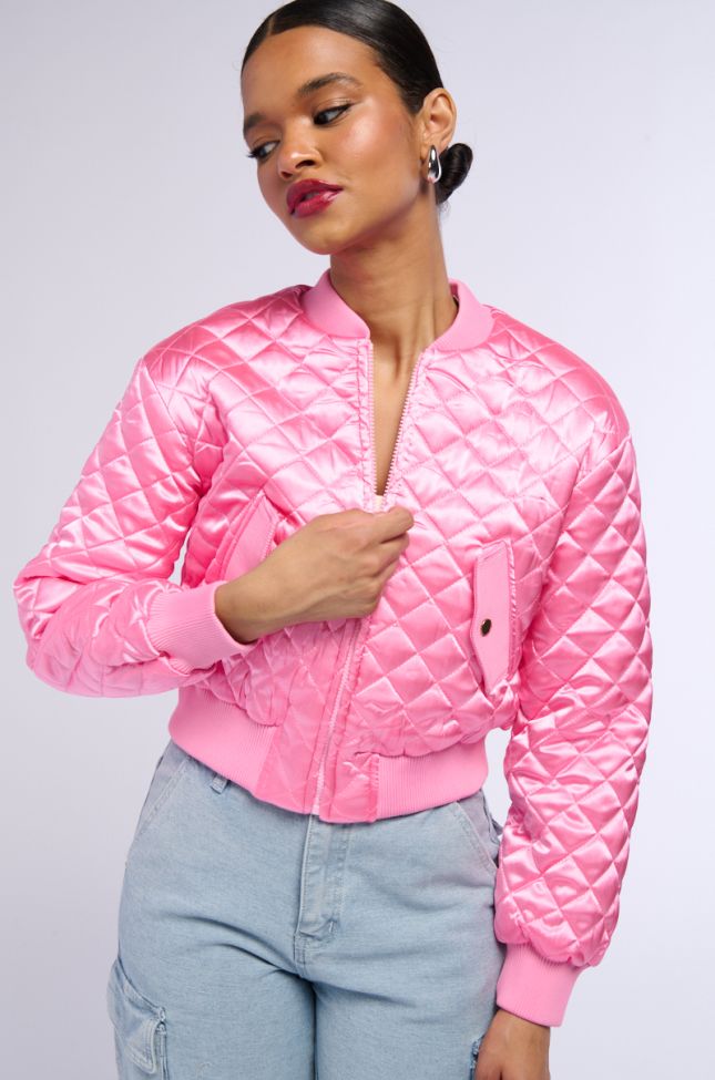 Side View Pink Quilted Spring Bomber