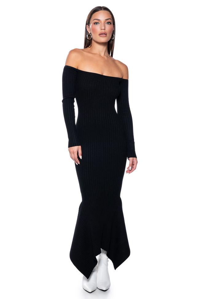 Front View Pixie Long Sleeve Off The Shoulder Knit Midi Dress